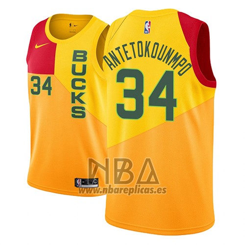 Camiseta Milwaukee Bucks Giannis Antetokounmpo NO 34 Ciudad 2018-19 Amarillo
